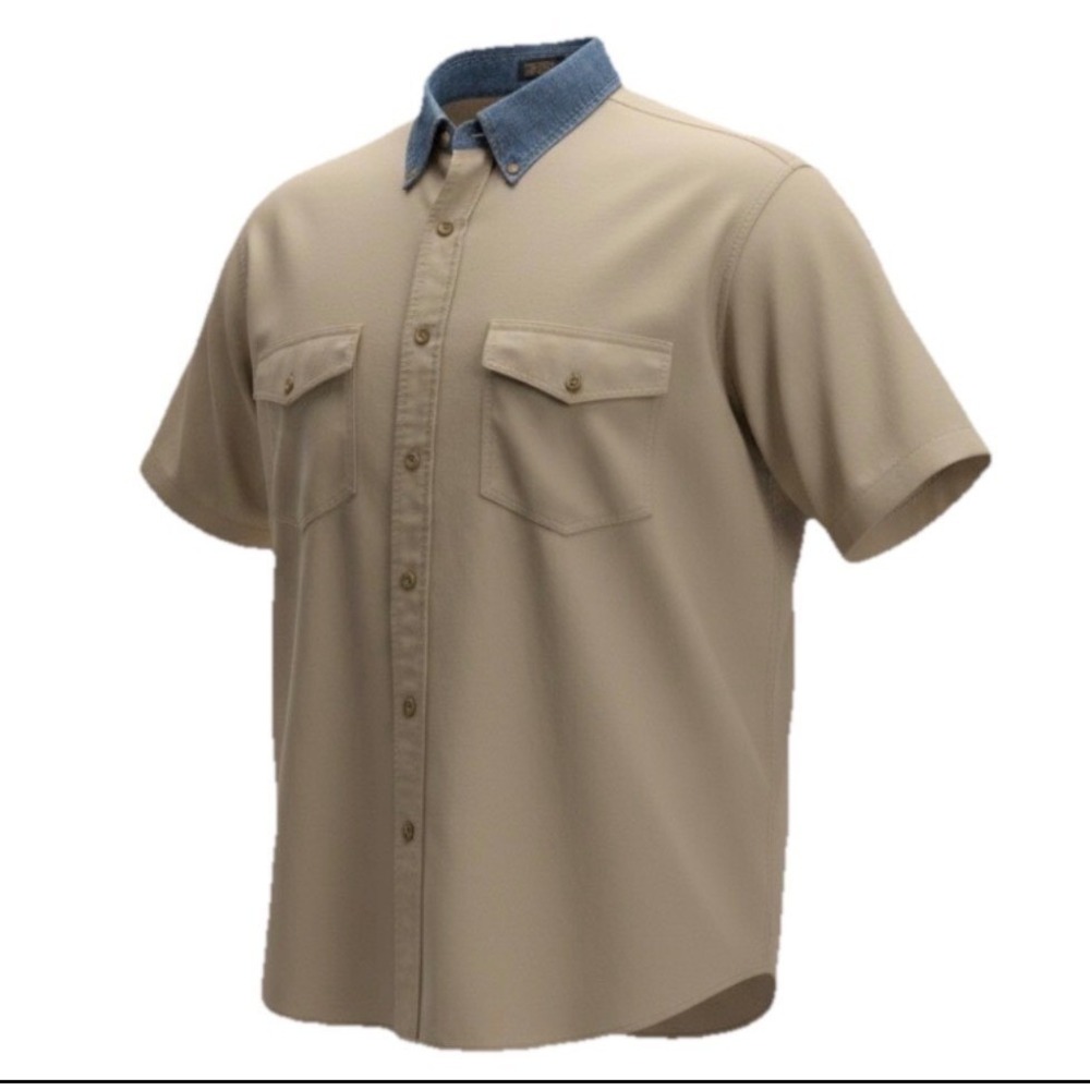 Texas‎ Authentic Button Down Shirt Men XL Tan Denim Collar Short Sleeve Cotton